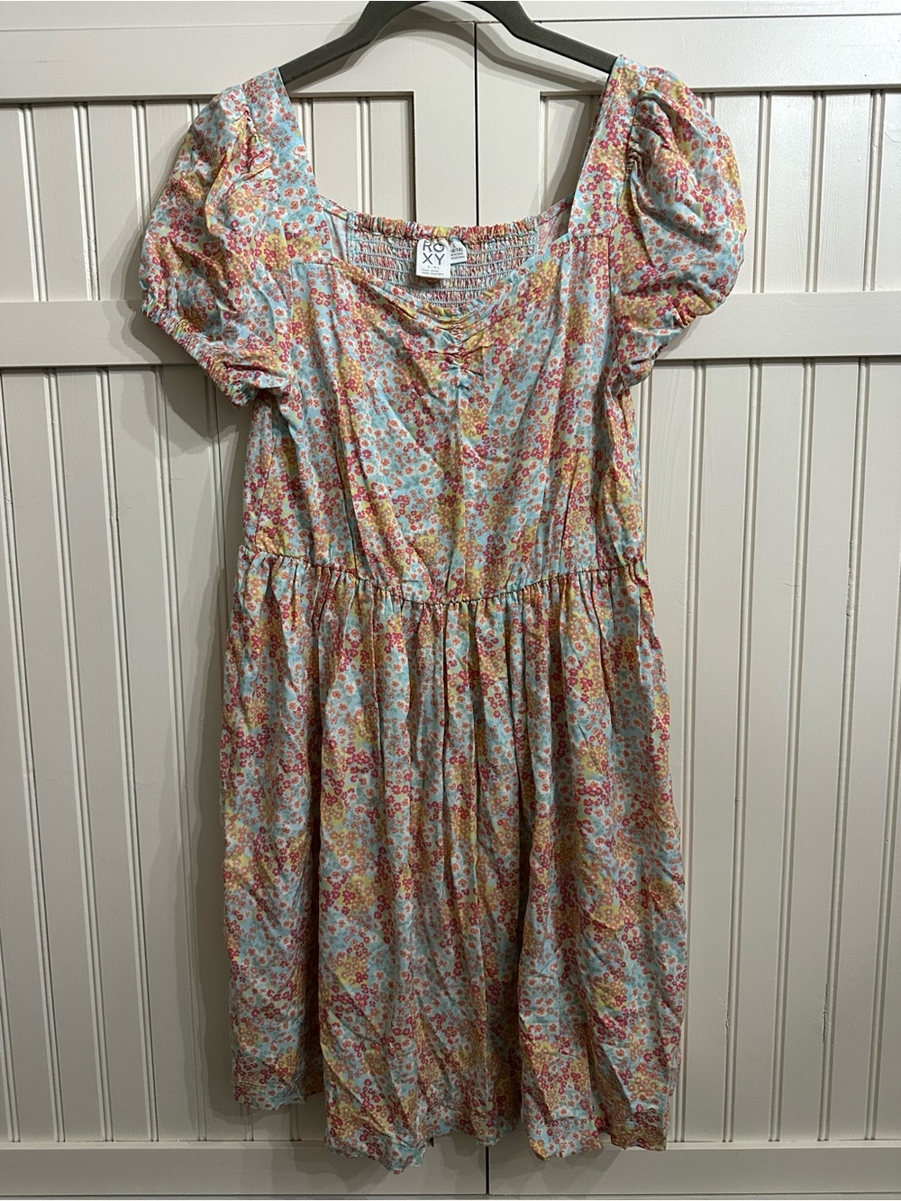 Roxy Light Blue Floral Puff-Sleeve Kids Dress with Pink & Yellow Accents